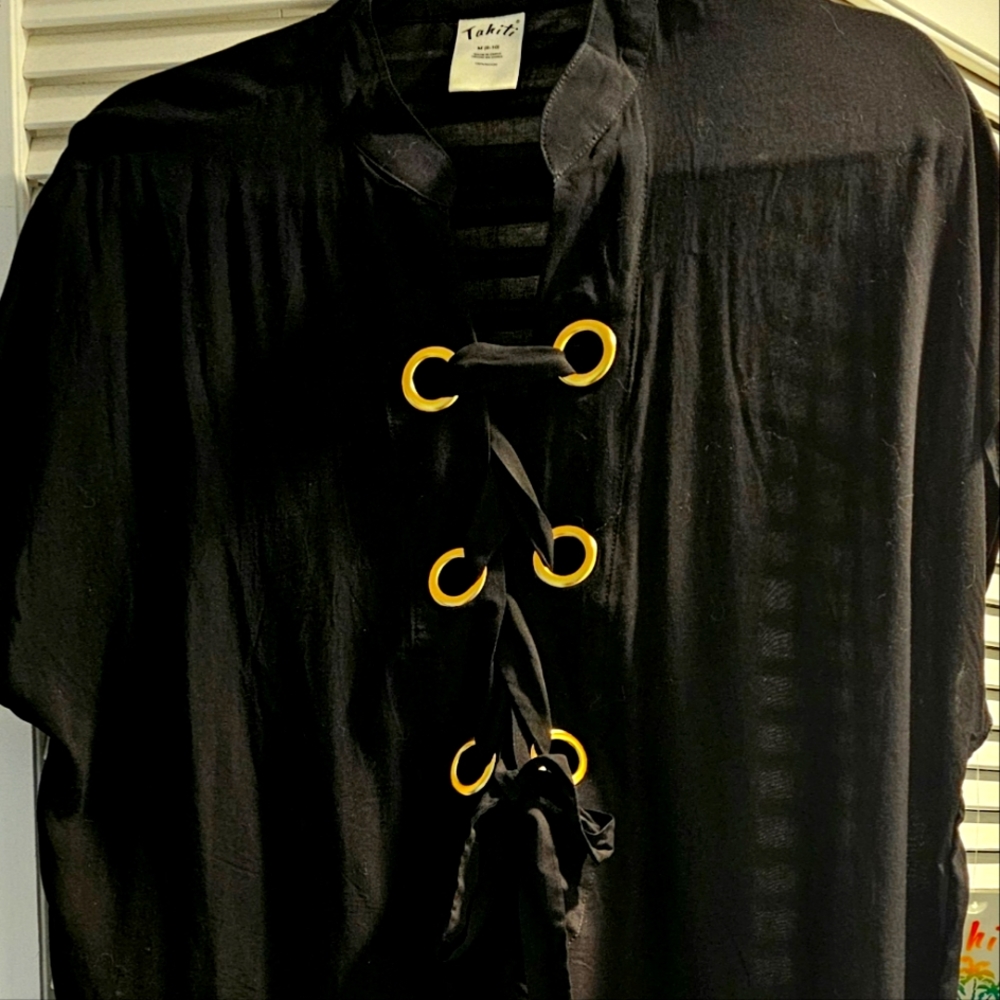 TAHITI SWIMSUIT COVER-UP IN BLACK..SIZE M(8-10) 6 GOLDTONE METAL HOLES IN FRONT